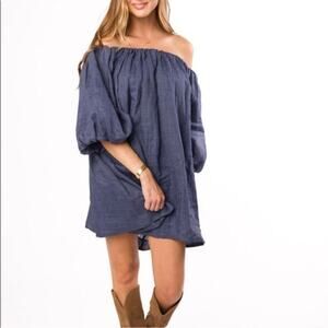 Worth Collective Cassidy 100% Linen On Off Shoulder Mini Dress in Denim Sz S